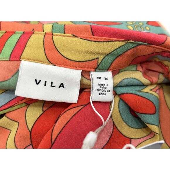 Vila Violy EU36 Petite (US 6) Midi Shirt Dress Floral Tomato Purée Retro NWT - Picture 8 of 11